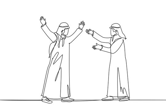 one line draws two young men wearing robes and turbans walking face to face while preparing to hug each other. Muslim man. long time no see friend. seekers of knowledge who meet again