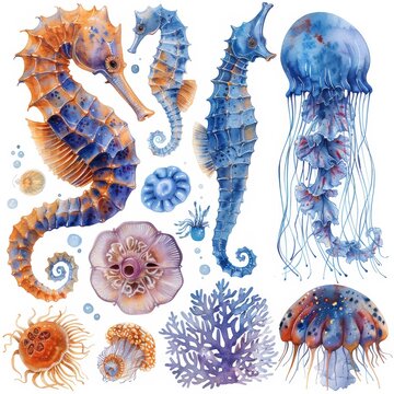 Set of watercolor illustrations of sea creatures including sea horses, jellyfish, coral, and jellyfish