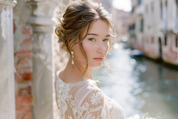 Portrait of a beautiful bride in a white wedding dress on the background of the venetian canal - obrazy, fototapety, plakaty