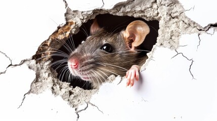 A mouse stuck its head through a hole in a white background wall.