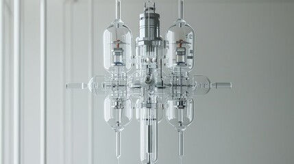 An elegant medical device with clear tubes and crystal clear components, suspended in midair against a stark white background. Generative AI.
