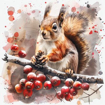 Watercolor drawing of a red squirrel on a mountain ash branch.