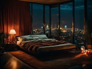 The penthouse bedroom at night was dark and gloomy. There is a warm light under the bed. A room with a city view from the bed