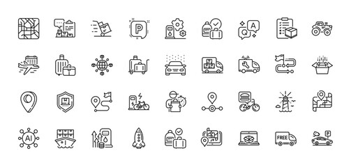 Journey, Delivery truck and Lighthouse line icons pack. AI, Question and Answer, Map pin icons. Logistics network, Car service, Online delivery web icon. Vector