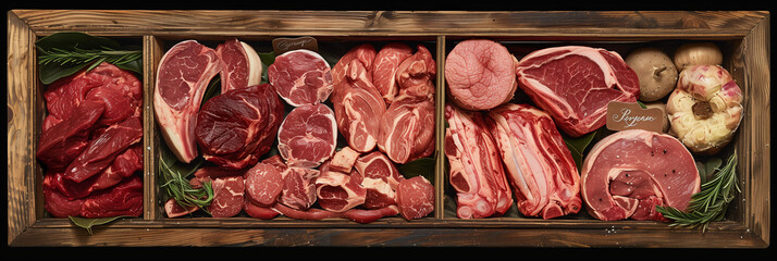 Neatly organized raw meats in a wooden crate, demonstrating an artisan butcher's craft