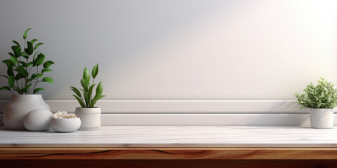 Empty white table with indoor flowers against a white wall. Display, Board, stage for presentation and demonstration of the product. Installation. Mounting. Mockup. Banner