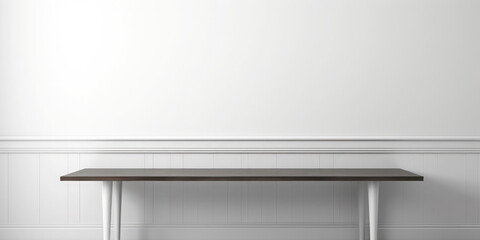 Fototapeta premium Empty gray table against a white wall. Display, Board, stage for presentation and demonstration of the product. Mounting. Mockup.