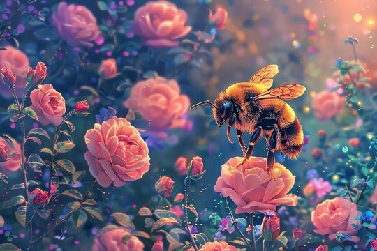 Craft a whimsical and enchanting depiction of a bees exploration in a garden filled with dreamy roses using a mix of pixel art and vector techniques Emphasize the bees tiny size against the bold, pixe