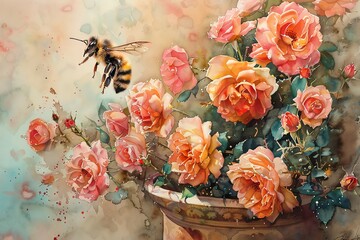 Capture an intricate, colorful scene of a hovering bee amidst vibrant, fragrant roses in a traditional watercolor medium Show the delicate petals and the bees fuzzy stripes with precision and softness
