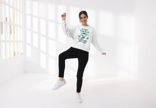 Mockup of woman wearing customized sweatshirt, dancing