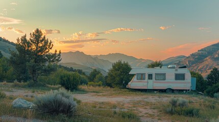 A mobile home trailer is parked in the mountains at sunset in summer