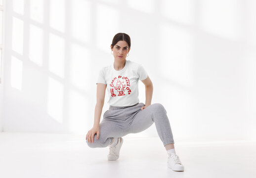 Mockup of woman wearing customized t-shirt, crouching