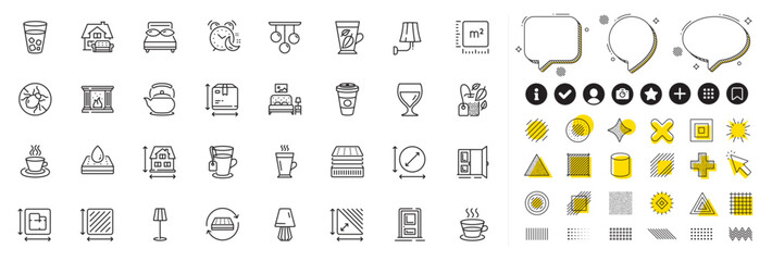 Obraz premium Set of Latte, Ceiling lamp and Takeaway coffee line icons for web app. Design elements, Social media icons. Entrance, Deluxe mattress, Waterproof mattress icons. Vector