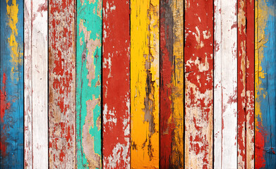 Texture of vintage wood boards with cracked paint of white, red, yellow, green and blue color....