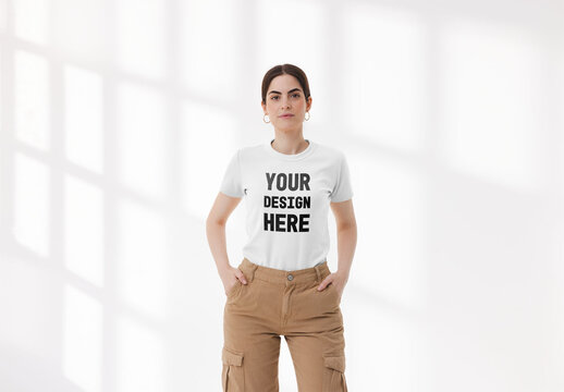 Mockup of woman wearing customized t-shirt in studio