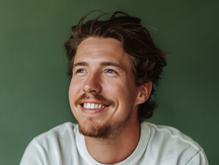Fototapeta premium Studio Portrait of a Happy Man with Facial Hair Against a Green Background