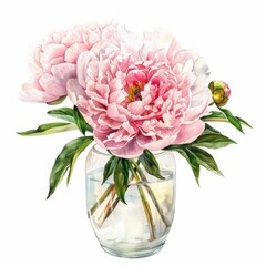 Lush pink peonies in a clear vase with water, showcasing full blooms and unopened buds in sunlight, Watercolor