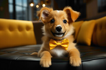 An adorable pup wearing a stylish yellow bowtie, sitting on its hind legs with a cute paw raise on a solid white background. - obrazy, fototapety, plakaty