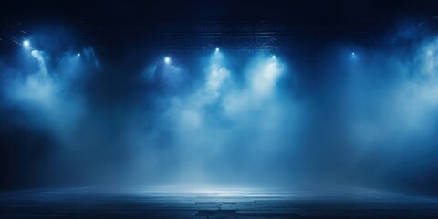 Fototapeta premium Blue stage background, blue spotlight light effects, dark atmosphere, smoke and mist, simple stage background, stage lighting, spotlights