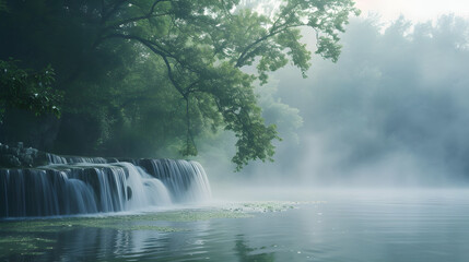 Misty morning shot of waterfall with fog in nature landscape