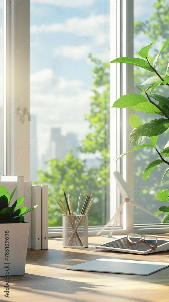Poster a vertical image of a home office with a window view of the city skyline in the background.