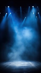 Blue stage background, blue spotlight light effects, dark atmosphere, smoke and mist, simple stage background, stage lighting, spotlights
