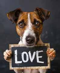 A dog holding a sign that says love.