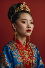 A woman in traditional Chinese clothing and gold crown poses for a portrait against a red background
