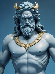 A statue of a muscular man with long hair and a beard, wearing a blue loincloth