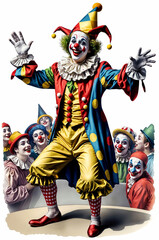 A colorful clown is in the center of the image, surrounded by a crowd of clowns