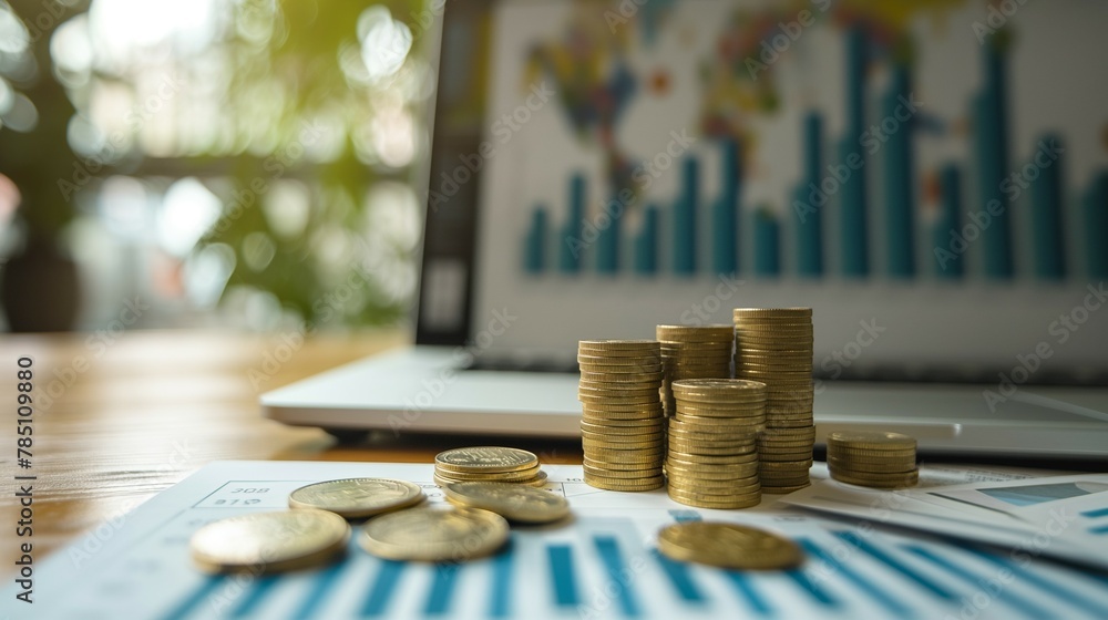 Poster a stack of gold coins on a line graph that is trending upwards.