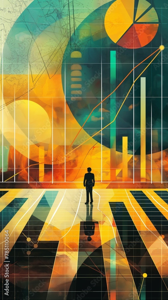 Poster a businessman with a financial stocks market data analysis chart and graph displayed on monitor scre