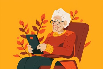 Illustration of a content elderly woman with glasses using a digital tablet, surrounded by autumn leaves on a yellow background.