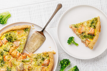 Homemade pie with salmon and broccoli