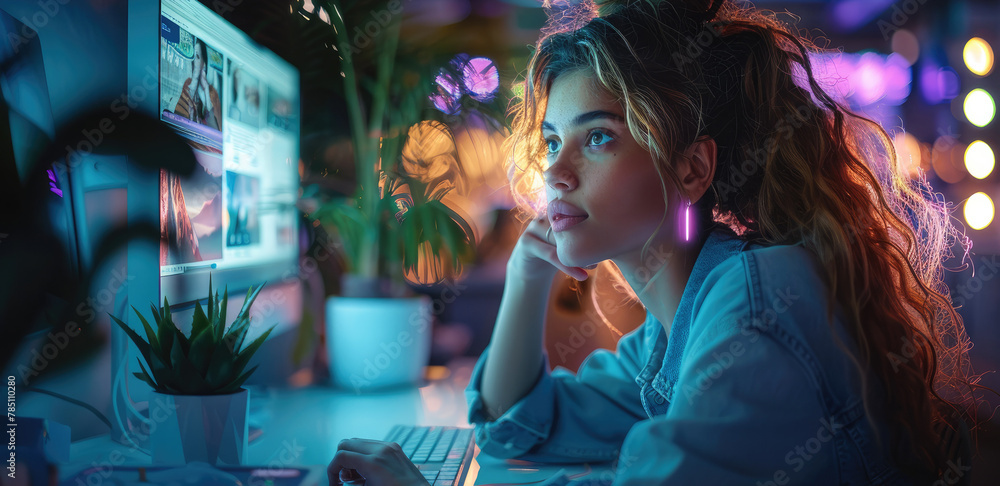 Poster young woman coding, it developer in surreal place. generative ai.