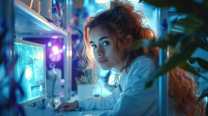 Young woman coding, IT developer in surreal place. Generative AI.