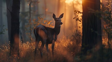 Deer silhouette, dense forest, close-up, ground-level shot, misty dawn light 