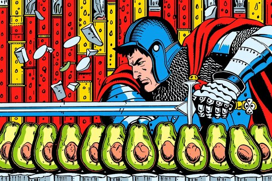 A knight, armored and formidable, effortlessly cuts through a line of avocados with their mighty sword ,