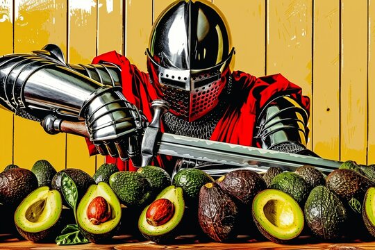 A knight, armored and formidable, effortlessly cuts through a line of avocados with their mighty sword ,