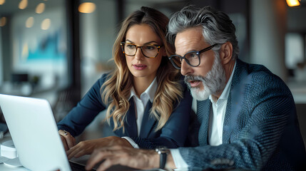 Fototapeta premium couple using laptop, couple engages intently with a laptop, collaborating on work in a modern cozy cafe environment