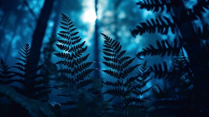 Silhouetted ferns, forest night, close-up, low angle, soft moonlight filter 