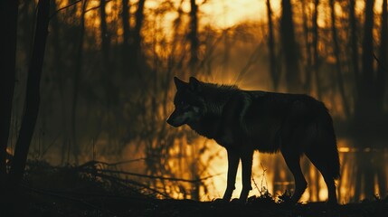 Wolf silhouette, forest boundary, close-up, ground-level camera, dusk's dim light 