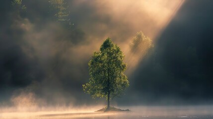Sunbeam through mist, lone tree, close-up, eye-level view, minimalist forest at dawn