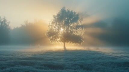 Fototapeta na wymiar Sunbeam through mist, lone tree, close-up, eye-level view, minimalist forest at dawn 