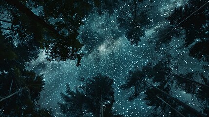 Starry sky above treetops, close-up, high-angle, night forest canopy, cosmic allure 