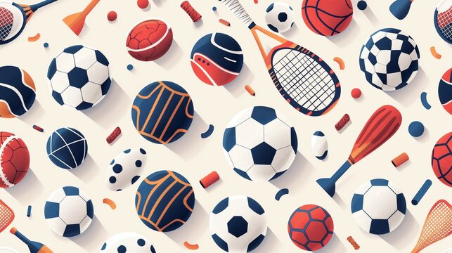 A Seamless Pattern Of A Soccer Balls, Tennis Rackets And Basketballs On A White Background.