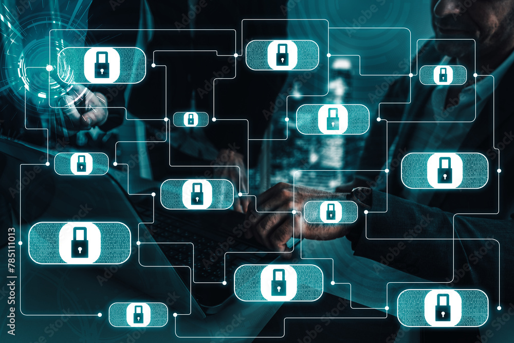 Poster cyber security and digital data protection concept. icon interface showing secure firewall technolog