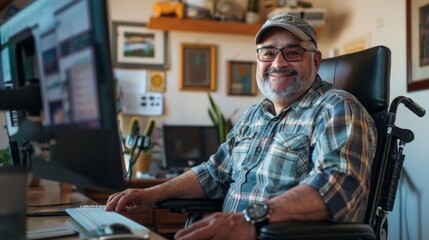 Senior man in a wheelchair at a home office setup with dual monitors - obrazy, fototapety, plakaty