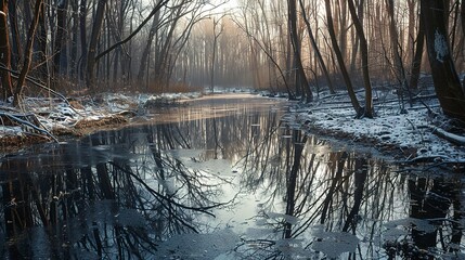 Frost-edged river, reflecting bare trees, close-up, ground-level shot, winter forest stillness 