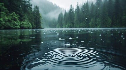 Raindrop circles on water, close-up, straight-on angle, reflecting dense forest, moody skies 